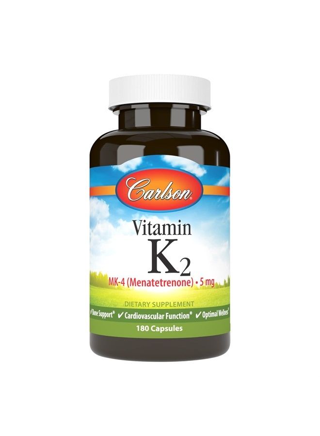 Carlson Vitamin K2, MK-4 (Menatetrenone), Vitamin K Supplement, Bone & Heart Health, K2 Vitamin, Soy-free, Vitamin K-2, K2 Vitamins, 180 Capsules - Image 1