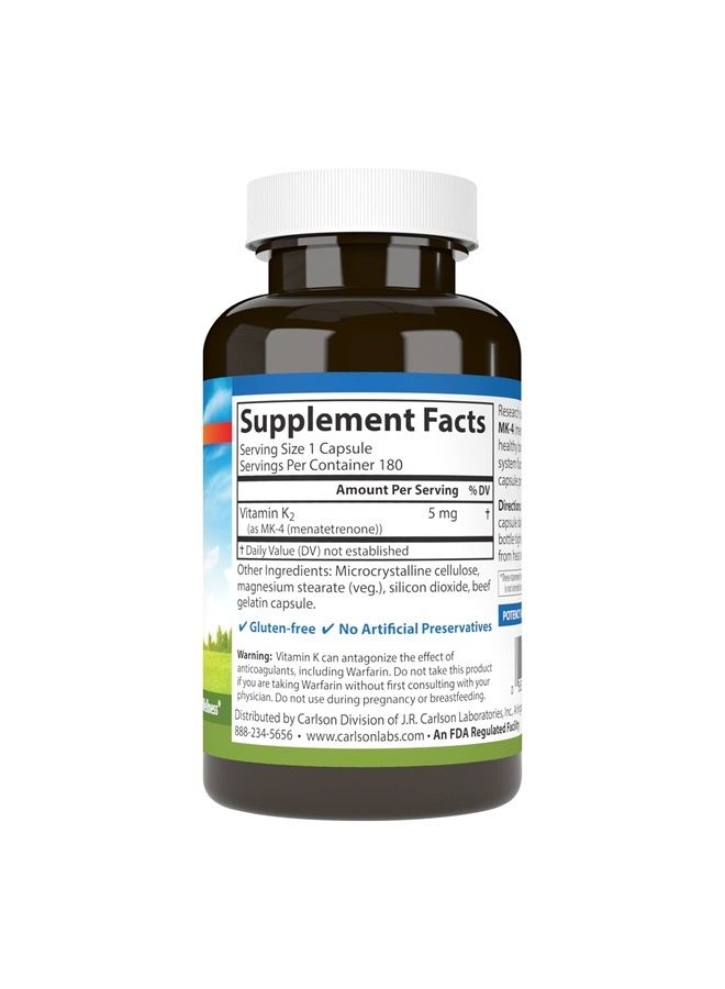 Carlson Vitamin K2, MK-4 (Menatetrenone), Vitamin K Supplement, Bone & Heart Health, K2 Vitamin, Soy-free, Vitamin K-2, K2 Vitamins, 180 Capsules - Image 2