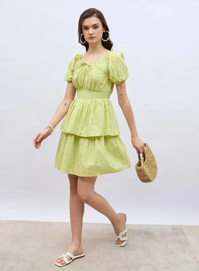 Styli Styli Schiffli Puff Sleeve Smocked Detail Knee-Length Dress