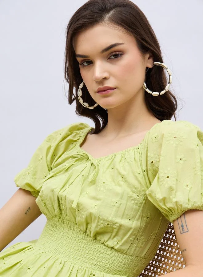 Styli Styli Schiffli Puff Sleeve Smocked Detail Knee-Length Dress