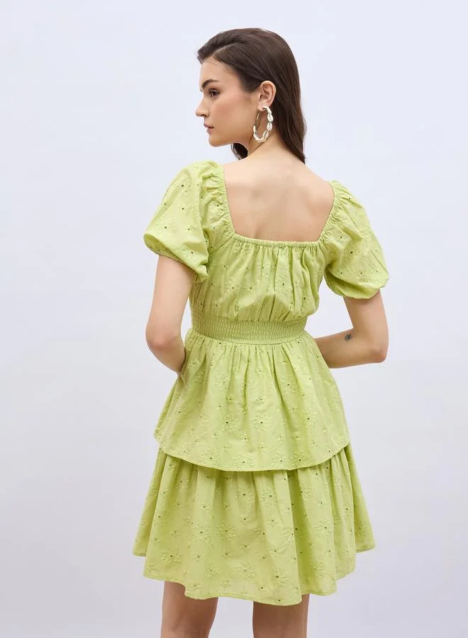 Styli Styli Schiffli Puff Sleeve Smocked Detail Knee-Length Dress