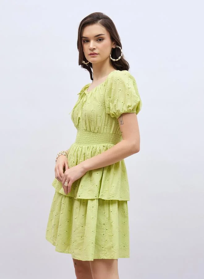Styli Styli Schiffli Puff Sleeve Smocked Detail Knee-Length Dress