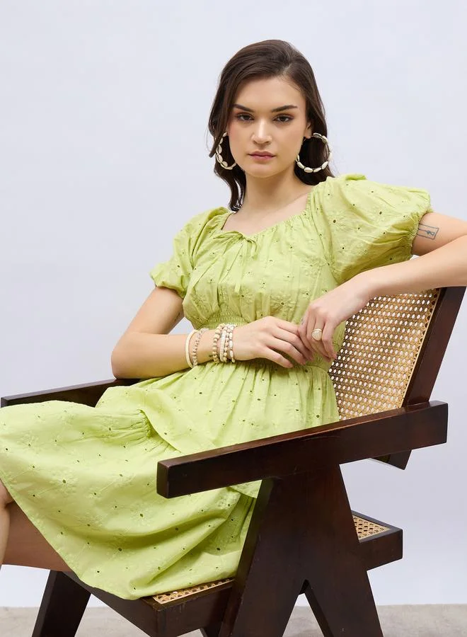Styli Styli Schiffli Puff Sleeve Smocked Detail Knee-Length Dress