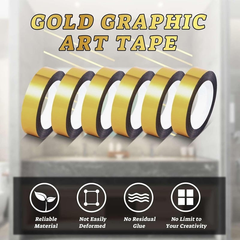 كاست ويف شريط واشي ذهبي، 6 لفات من الشريط الذهبي للأعمال اليدوية، شريط واشي ذهبي معدني للمرايا، شريط معدني ذاتي اللصق لتزيين الجدران، تغليف الهدايا، إطار التلفزيون والأعمال اليدوية (1.2 سم، 150 متر، مرآة) - Image 5
