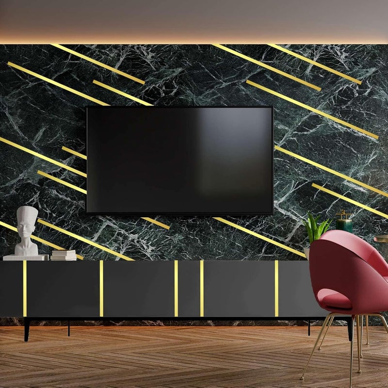 كاست ويف شريط واشي ذهبي، 6 لفات من الشريط الذهبي للأعمال اليدوية، شريط واشي ذهبي معدني للمرايا، شريط معدني ذاتي اللصق لتزيين الجدران، تغليف الهدايا، إطار التلفزيون والأعمال اليدوية (1.2 سم، 150 متر، مرآة) - Image 2