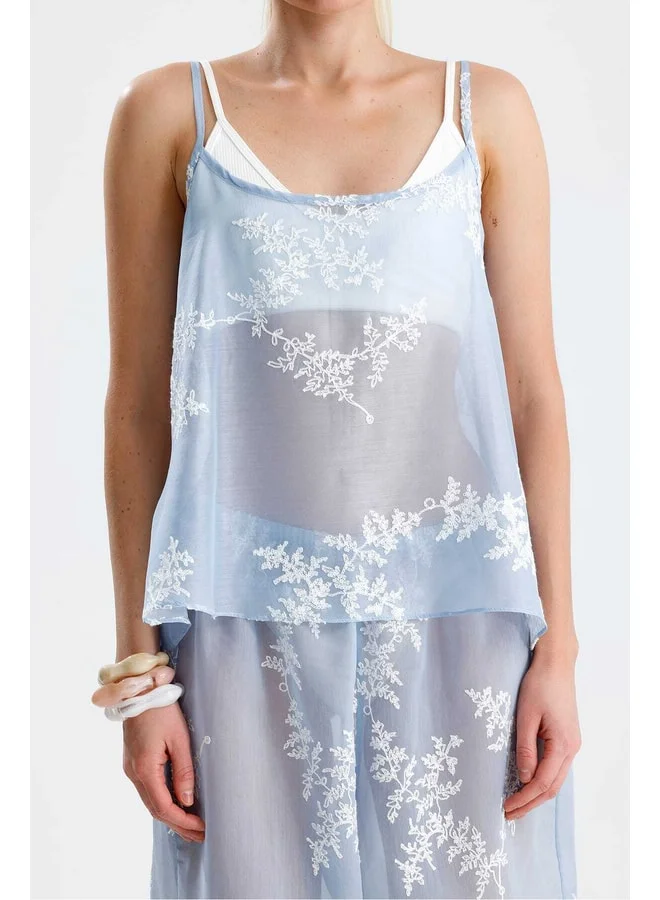 GACACOLLECTION LARİMAR Embroidered Transparent Blouse and Pants Blue Set