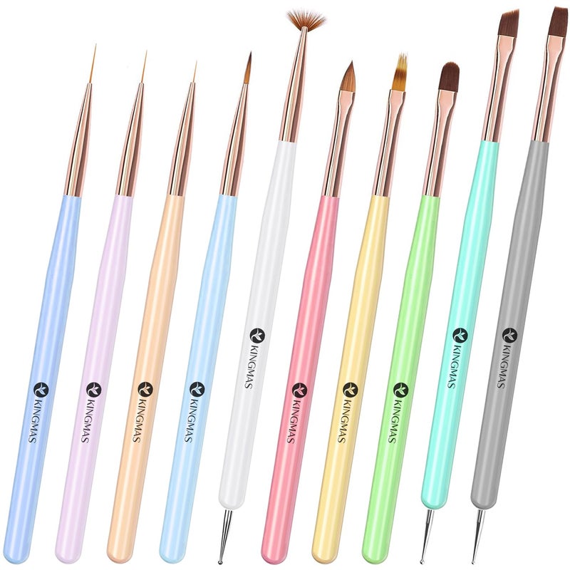 KINGMAS Nail Art Brushes 10Pcs Nail Gel Polish Painting Brush Drawing Pen Nail Liner Brush and Nail Dotting Pen Nail Dust Cleaning Brush