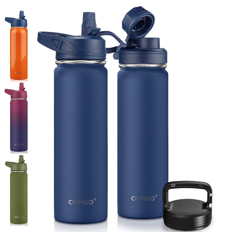 CIVAGO 22 oz Insulated Water Bottle With Straw, Stainless Steel Sports Water Flask Cup with 3 Lids (Straw, Portable Spout and Handle Lid), Double Walled Travel Thermal Canteen Mug, Navy Blue - Image 1