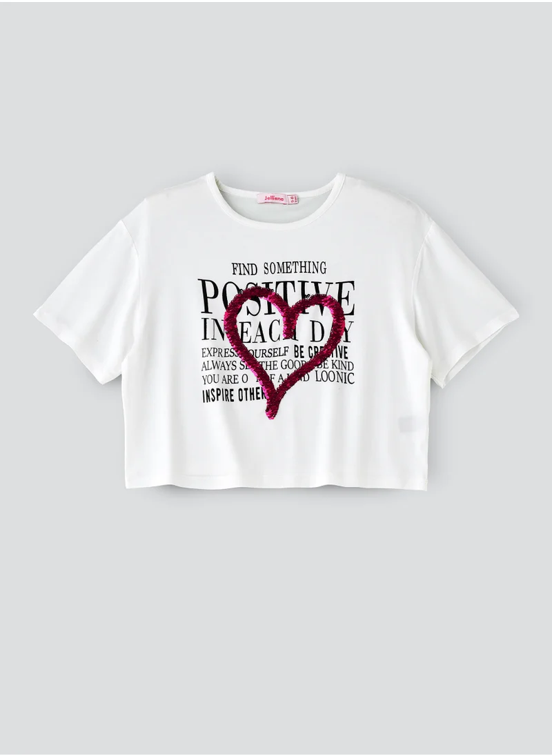 جيلين Girls' White Crop Top with Positive Message and Heart Sequins