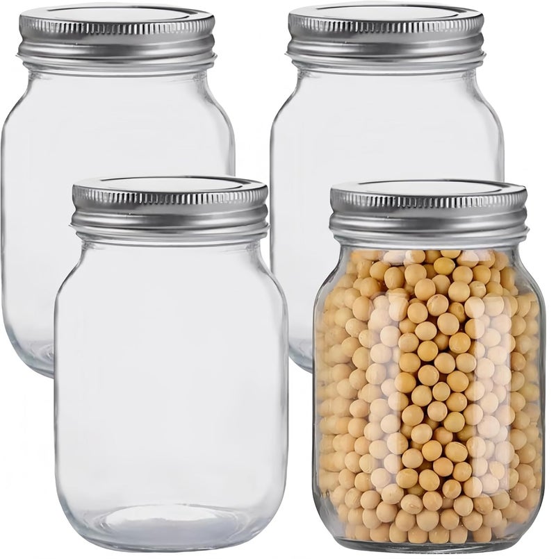MEETOZ 4 pack Glass Mason Jars,16 oz Clear Glass Jars,with Silver Metal Lids,Overnight Oats, Candies, Honeys, Snacks, Food Storage, Canned Foods, DIY Projects - Image 1