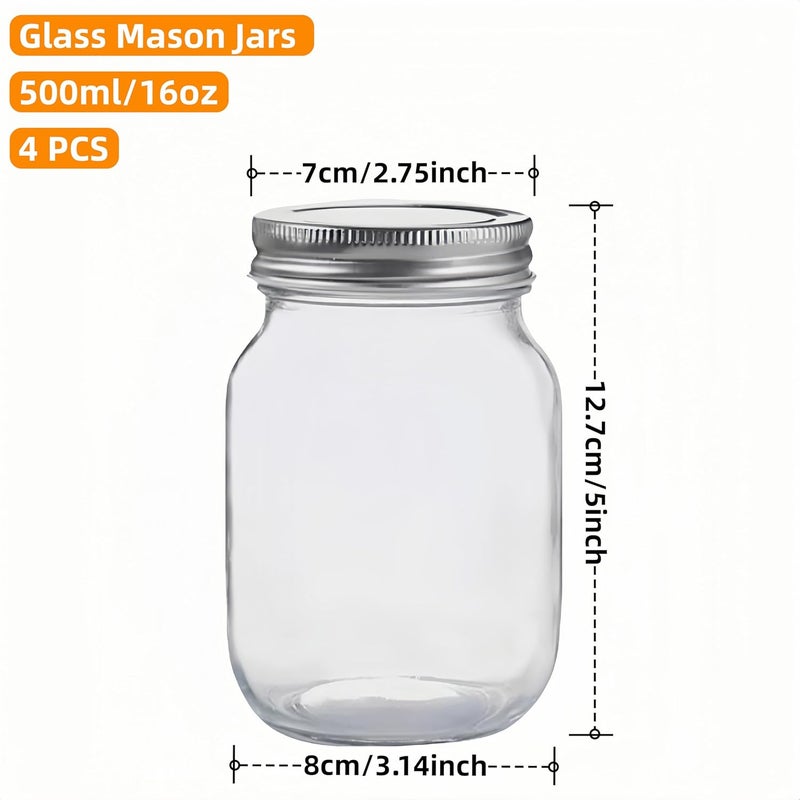 MEETOZ 4 pack Glass Mason Jars,16 oz Clear Glass Jars,with Silver Metal Lids,Overnight Oats, Candies, Honeys, Snacks, Food Storage, Canned Foods, DIY Projects - Image 2
