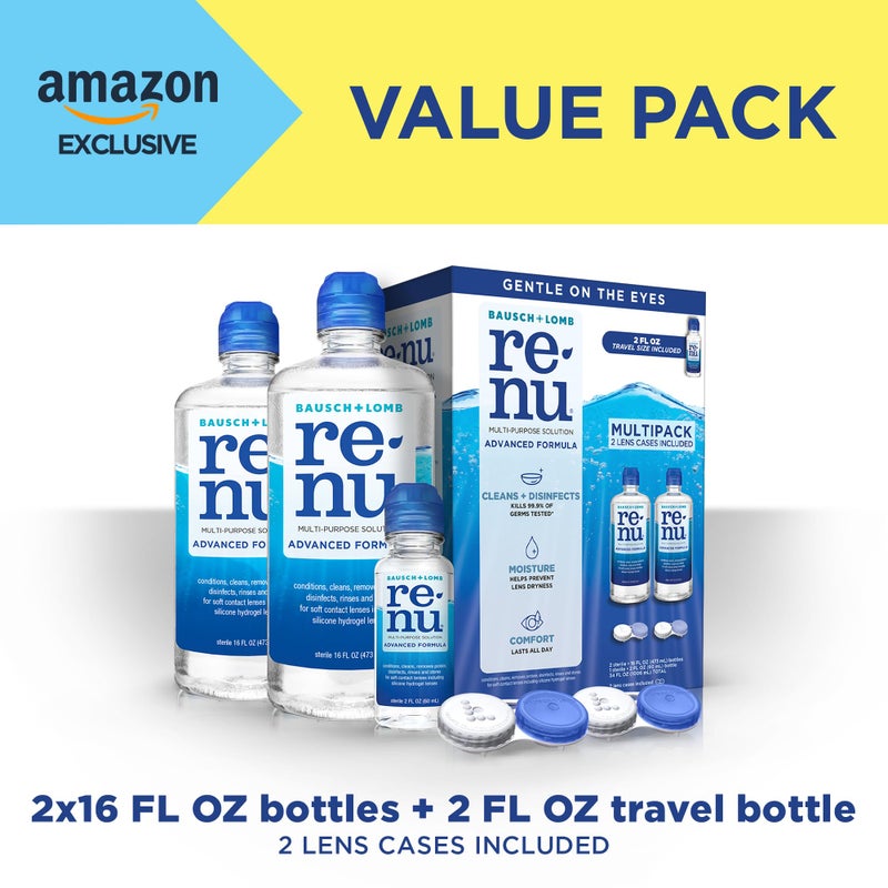 Renu Contact Lens Solution, Advanced Formula, Multi-Purpose Solution with Lens Case, Gently Cleans, Disinfects, Moisturizes & Hydrates Soft Lenses, 16 Fl Oz (Pack of 2) + Travel Size 2 Fl Oz - Image 4