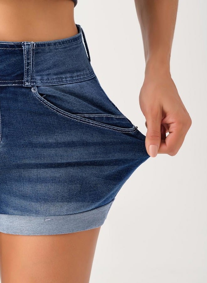 roswear Women's High Waisted Stretchy Denim Shorts Cuffed Jean Shorts, Blue, M - Image 5