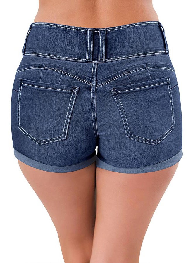 roswear Women's High Waisted Stretchy Denim Shorts Cuffed Jean Shorts, Blue, M - Image 2