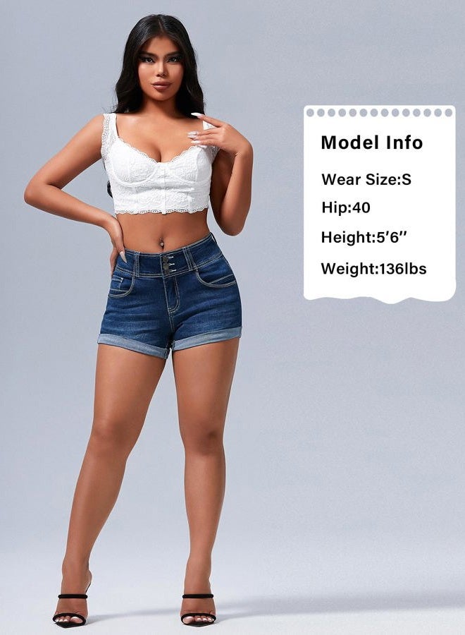 roswear Women's High Waisted Stretchy Denim Shorts Cuffed Jean Shorts, Blue, M - Image 4