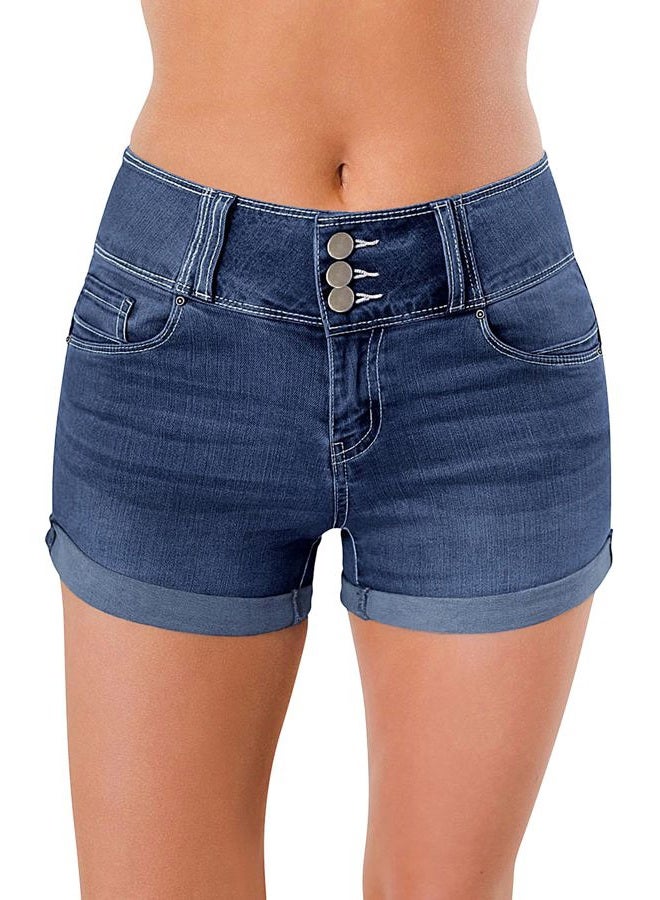 roswear Women's High Waisted Stretchy Denim Shorts Cuffed Jean Shorts, Blue, M - Image 1