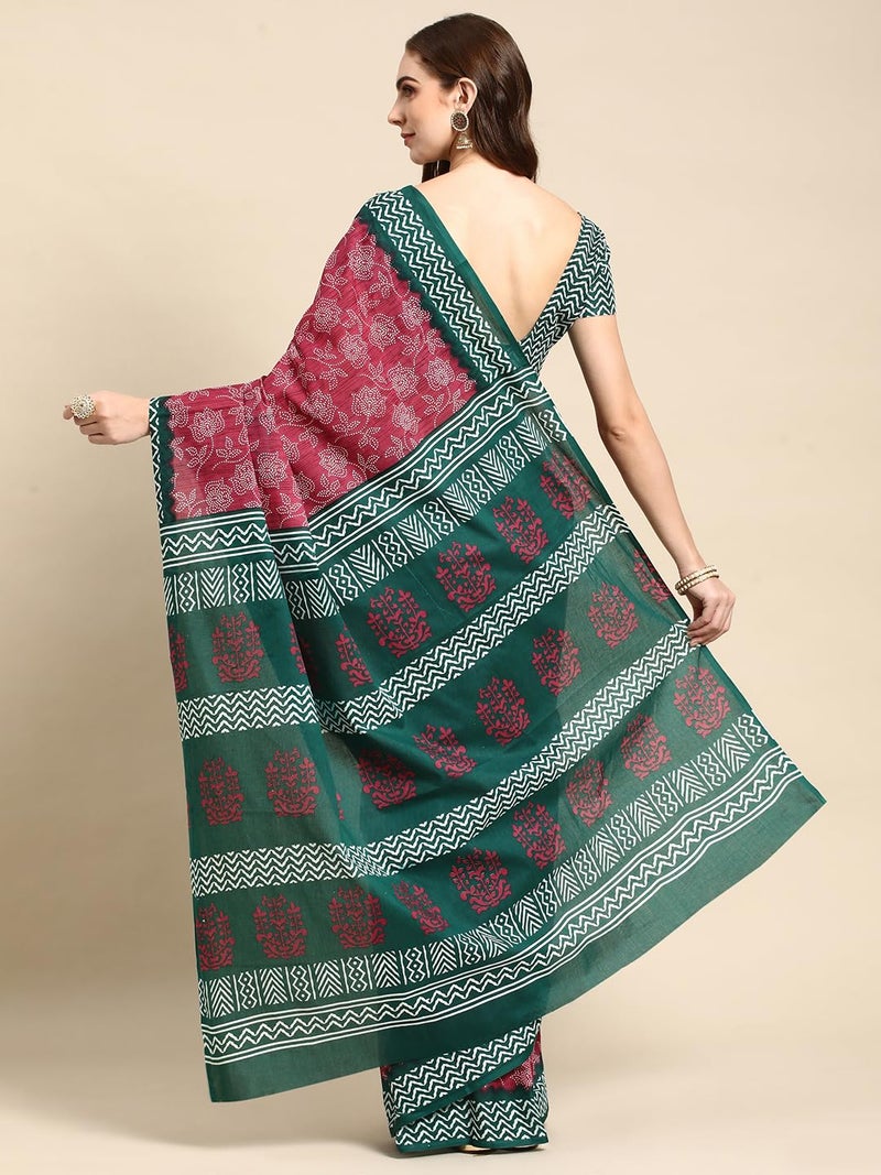 RATAN Pure Cotton Printed Mulmul Saree for Women with Blouse Piece (GDBT-BP-1050-MAG_Magenta) - Image 2