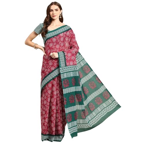 RATAN Pure Cotton Printed Mulmul Saree for Women with Blouse Piece (GDBT-BP-1050-MAG_Magenta) - Image 1