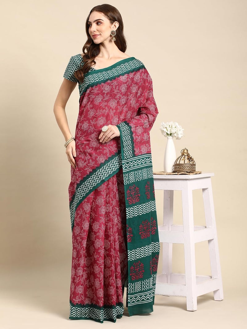 RATAN Pure Cotton Printed Mulmul Saree for Women with Blouse Piece (GDBT-BP-1050-MAG_Magenta) - Image 4