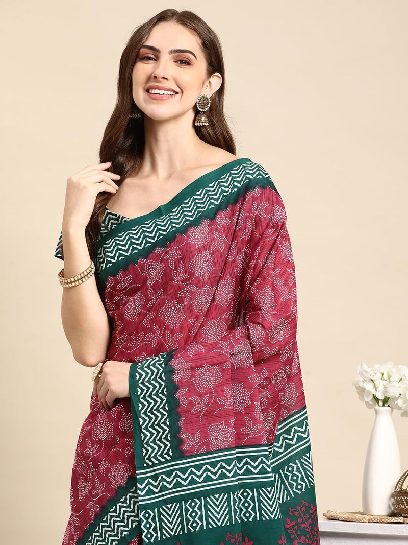 RATAN Pure Cotton Printed Mulmul Saree for Women with Blouse Piece (GDBT-BP-1050-MAG_Magenta) - Image 3