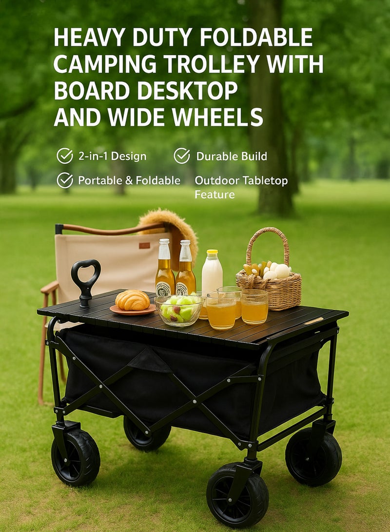 DBLEW Heavy-Duty Folding Utility Wagon with Large Wheels, Removable Fabric Storage Box & Wooden Desktop – Multisurface Collapsible Cart for Outdoor, Beach, Picnic, Shopping & Garden Use (150 kg Load-Capacity, Black - Image 2