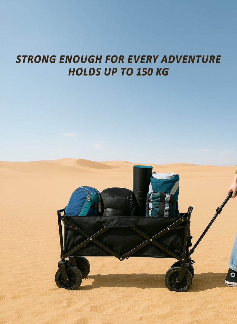 DBLEW Heavy-Duty Folding Utility Wagon with Large Wheels, Removable Fabric Storage Box & Wooden Desktop – Multisurface Collapsible Cart for Outdoor, Beach, Picnic, Shopping & Garden Use (150 kg Load-Capacity, Black - Image 3