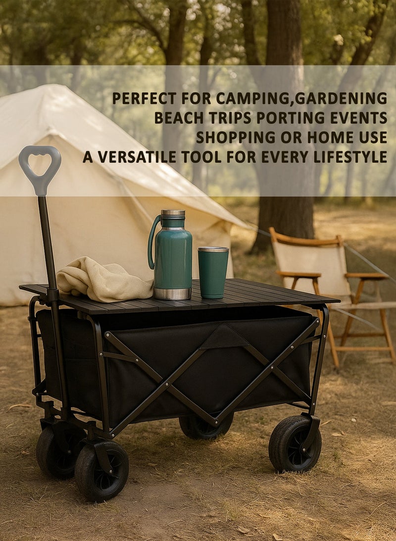 DBLEW Heavy-Duty Folding Utility Wagon with Large Wheels, Removable Fabric Storage Box & Wooden Desktop – Multisurface Collapsible Cart for Outdoor, Beach, Picnic, Shopping & Garden Use (150 kg Load-Capacity, Black - Image 4