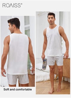 roaiss 2Pcs Pure Cotton Pajamas Suit for Men H Type Round Neck Sleeveless Vest and Comfortable Loose Shorts Mens Summer Letter Pattern Soft Skin-Friendly Pyjama Set Suitable for Boyfriend Husband Dad Son  - Image 4