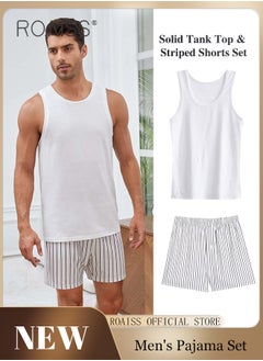 roaiss 2Pcs Pure Cotton Pajamas Suit for Men H Type Round Neck Sleeveless Vest and Comfortable Loose Shorts Mens Summer Letter Pattern Soft Skin-Friendly Pyjama Set Suitable for Boyfriend Husband Dad Son  - Image 2
