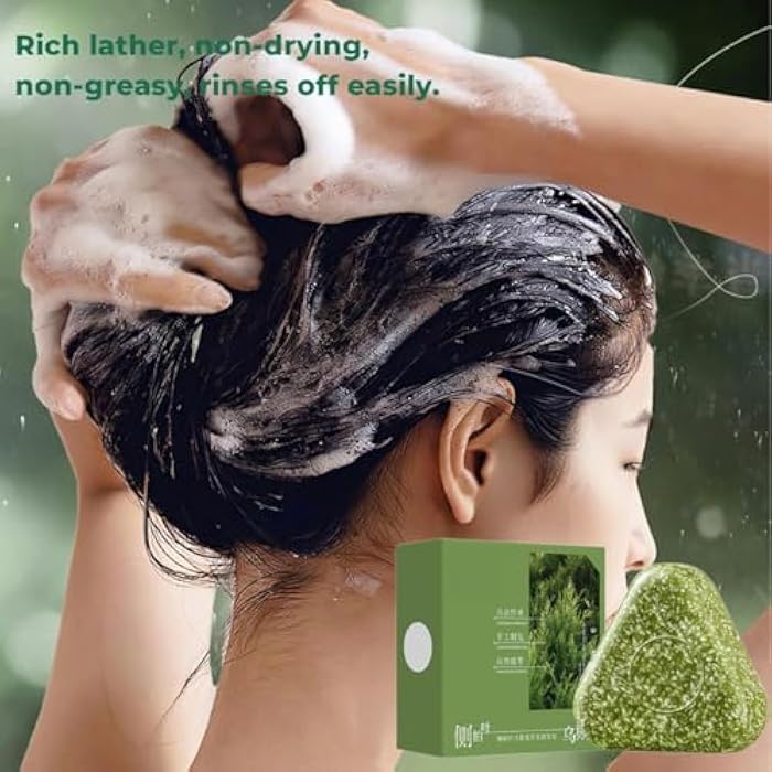 2025 New Nature Seven Green Soap Triangle Shampoo Bar, Usman Grass Shampoo Conditione Bar, Calming & Strengthens Hair for Women and Mens, Natural Plant-Based Solid Soap (3 pcs) - Image 3