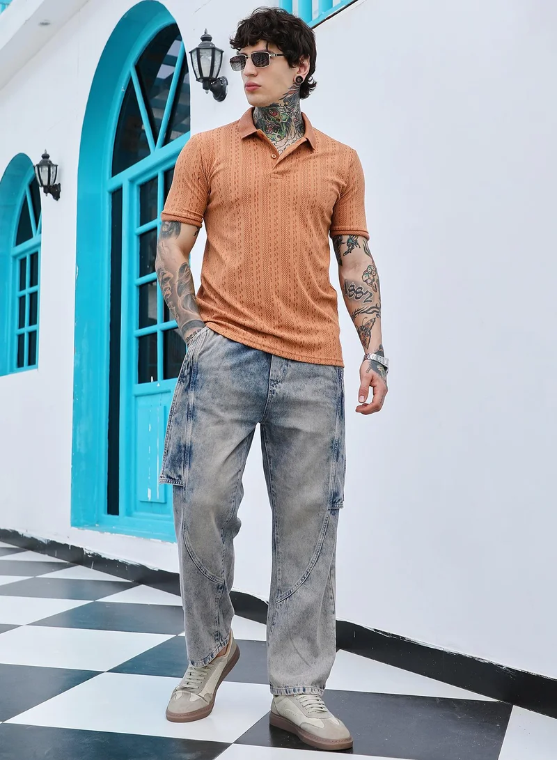 Campus Sutra Campus Sutra Men's Rust Orange Geometric-Folk Knitted Polo T-Shirt | Jacquard Polo Neck , Short Jacquard Cuff Sleeves , Button Closure , Straight Hem | Polyester Blend T-shirt For Casual Wear