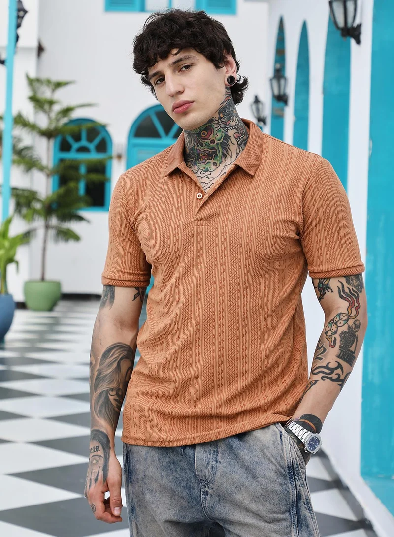 Campus Sutra Campus Sutra Men's Rust Orange Geometric-Folk Knitted Polo T-Shirt | Jacquard Polo Neck , Short Jacquard Cuff Sleeves , Button Closure , Straight Hem | Polyester Blend T-shirt For Casual Wear