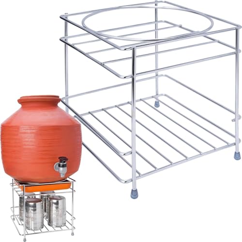 CR18 COLLECTION Heavy Steel Matka With Glass Pot , Water Dispenser For Kitchen, Water Jar ,Tulsi And Dispenser Plant Stand Gamla Stand 3 In 1 Matka , 20 x 8 x 4 cm - Image 2