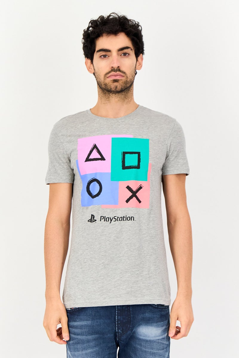 DIFUZED Play Station By Difuzed Men Crew Neck Short Sleeve Graphic Print T-Shirt, Heather Grey - Image 1