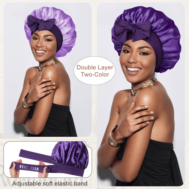 CHLINS Satin Bonnet Silk Bonnet for Sleeping Silk Sleep Cap Double Layer Hair Bonnet with Elastic Tie Band for Curly Hair Night Cap - Image 2