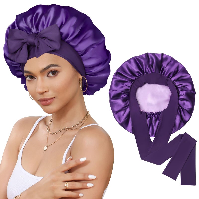 CHLINS Satin Bonnet Silk Bonnet for Sleeping Silk Sleep Cap Double Layer Hair Bonnet with Elastic Tie Band for Curly Hair Night Cap - Image 1