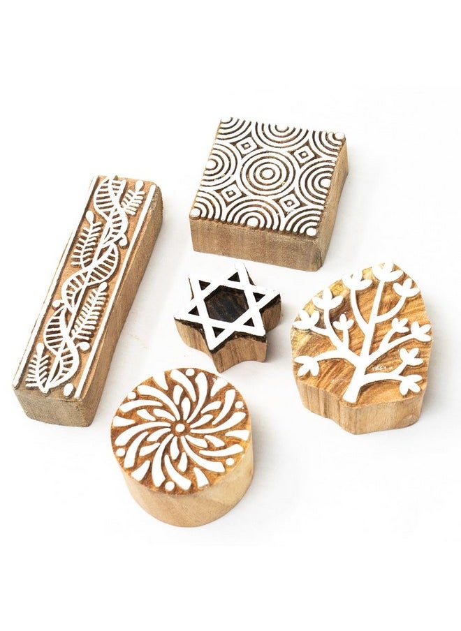 Hashcart Wooden Stamp Block | Set Of 5 | Printing Stamp Design Set | Block For Printing Saree Border | Dresses, Craft Card Making, Scrapbook, Clay Pottery  - Image 1