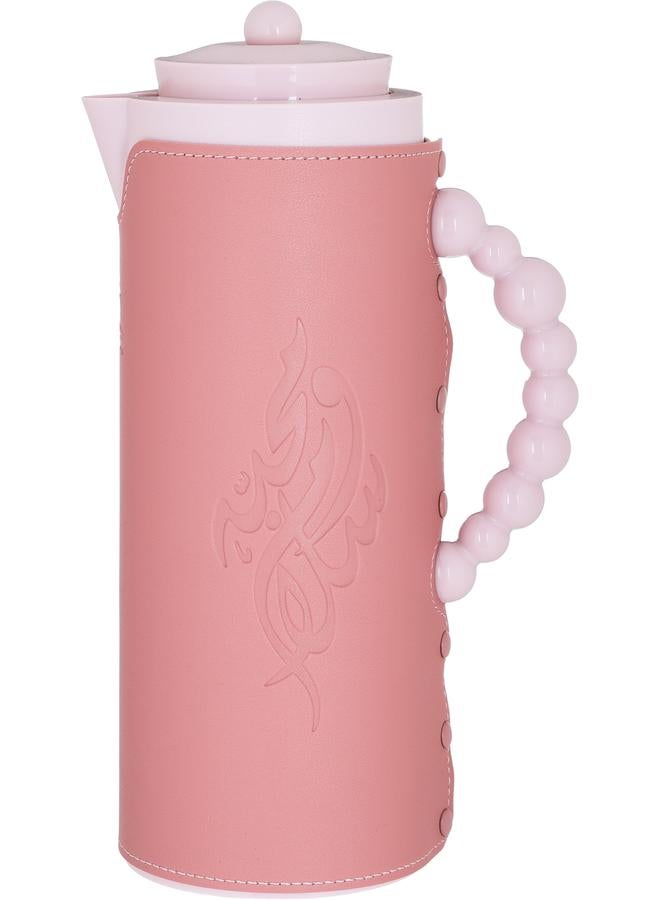 رويال 7 ترمس زجاجي سعة 1 لتر هيكل بلاستيكي مع غطاء جلدي وردي - Image 1