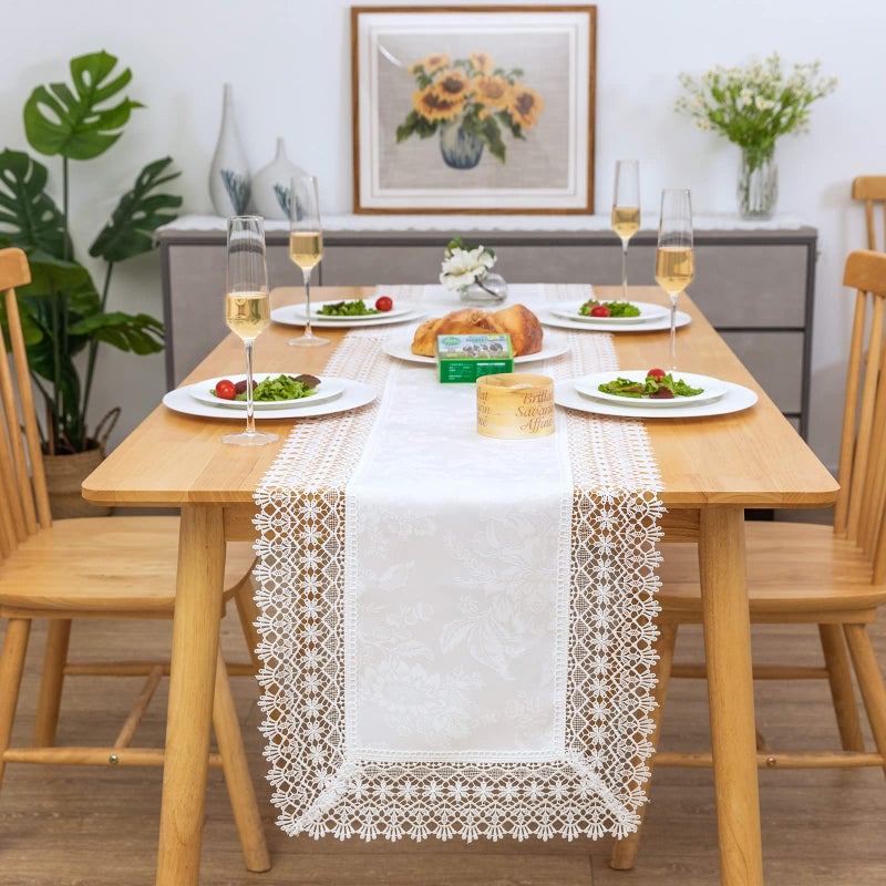 BrekSdat White lace Premium Rectangle Farmhouse Table Runner Waterproof OilProof SpillProof AntiShrink Soft Wrinkle Resistant Decorative Fabric Table Cover Kitchen Dinning Party Wedding Banquet