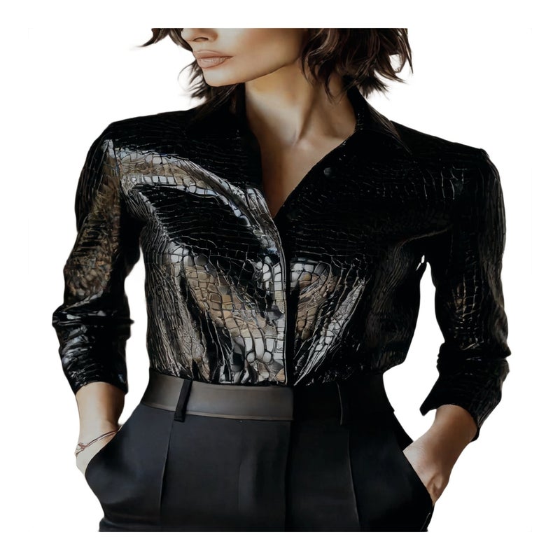 Fashion Long Sleeve PU Leather Shirt with Snake Print - Image 1
