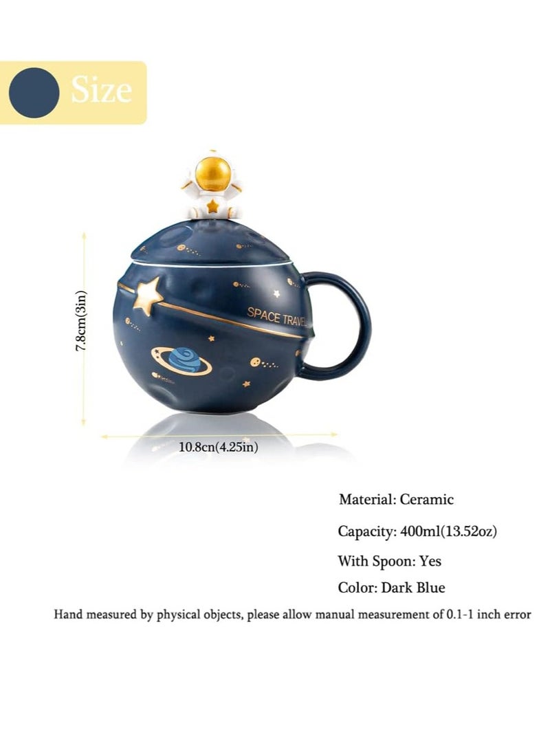 Bluejw كوب رائد فضاء منقوش عليه كوكب فضائي، سعة 13.52 أونصة، أكواب قهوة سيراميك مع غطاء وملعقة، صندوق هدايا، كوب قهوة سيراميك لطيف، هدية فريدة لأعياد الميلاد للفتيات والأولاد والنساء والرجال (أزرق غامق) - Image 3
