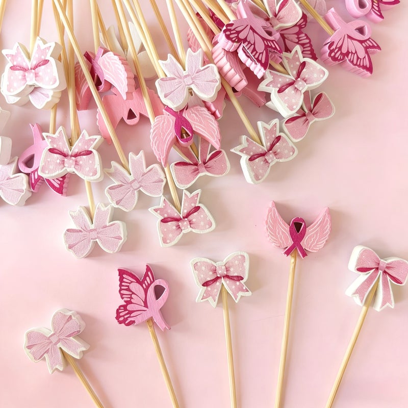 60pcs Pink Ribbon Bow Cocktail Picks Ideal for Appetizers Cupcakes Sandwiches - Image 4