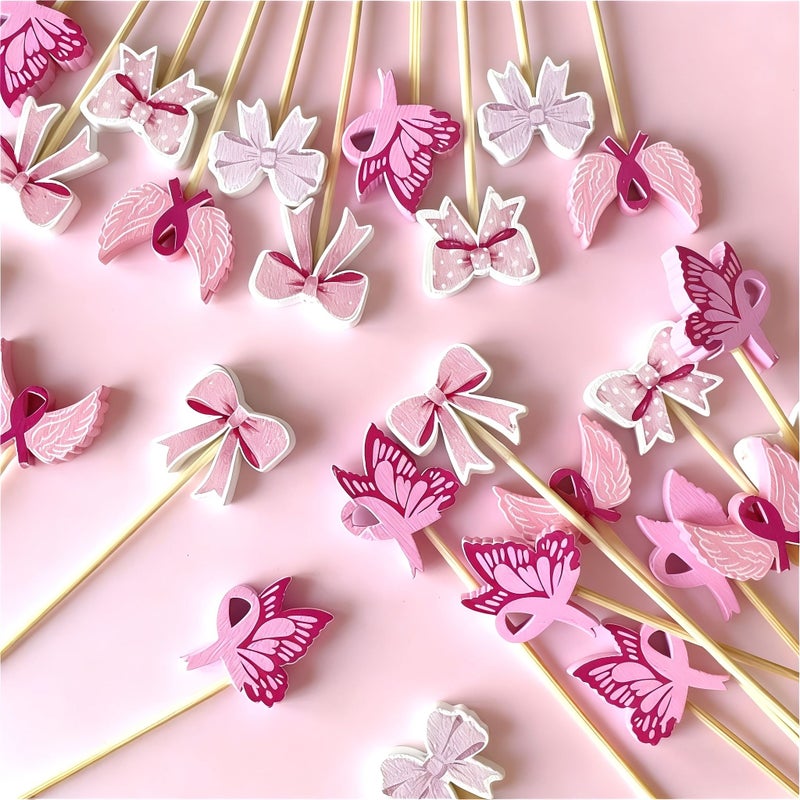 60pcs Pink Ribbon Bow Cocktail Picks Ideal for Appetizers Cupcakes Sandwiches - Image 3