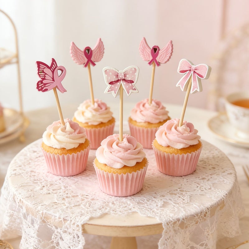 60pcs Pink Ribbon Bow Cocktail Picks Ideal for Appetizers Cupcakes Sandwiches - Image 1