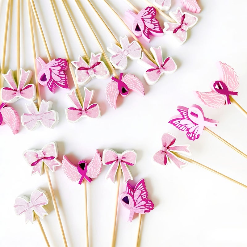 60pcs Pink Ribbon Bow Cocktail Picks Ideal for Appetizers Cupcakes Sandwiches - Image 5