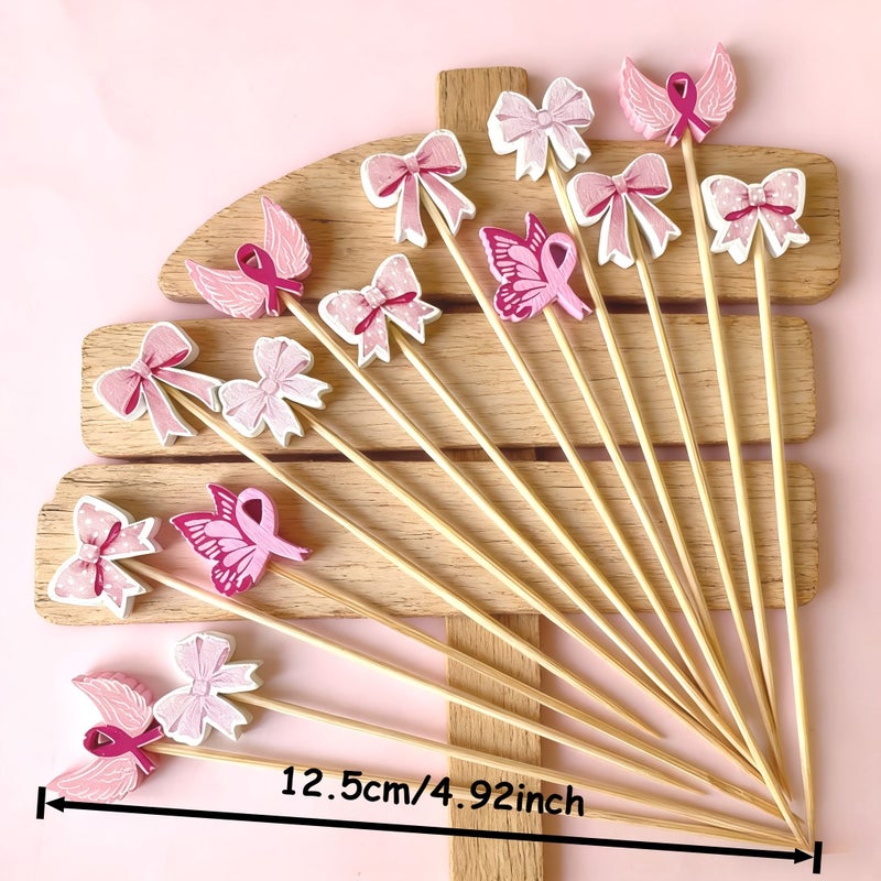 60pcs Pink Ribbon Bow Cocktail Picks Ideal for Appetizers Cupcakes Sandwiches - Image 2