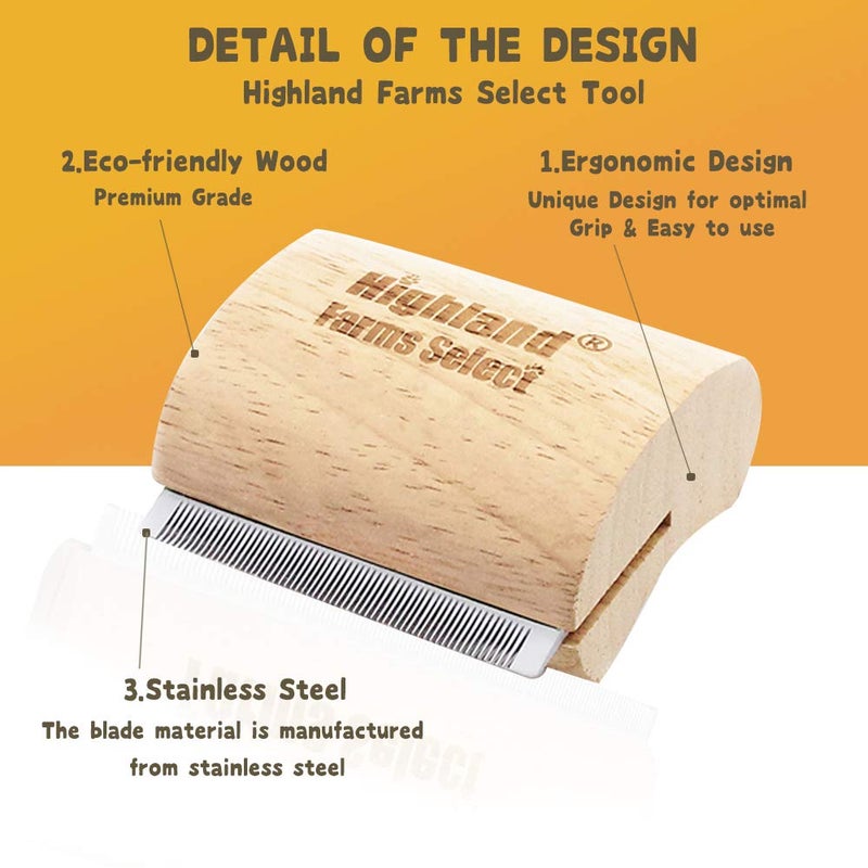 Highland Farms Select Deshedding Grooming Tool for Dogs, Cats & Horses, Ergonomic Design Wood Groom Brush, Professional Pet Groomer, Painlessly Remove for Short & Long Hair, Fur & Dirt - 2.5 Inches - Image 3