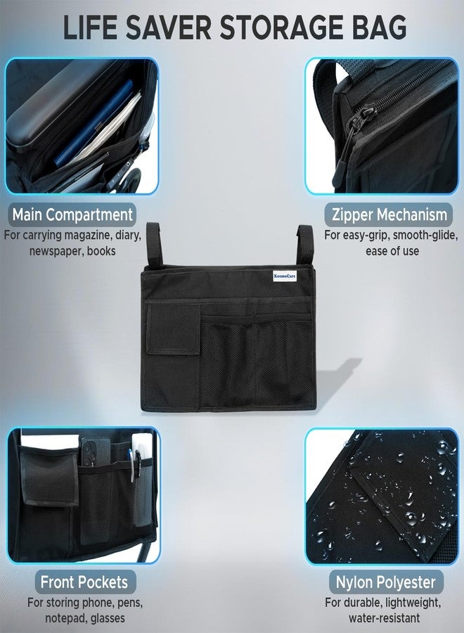 KosmoCare Wheelchair Utility Bag with Cup Holder | Multi-Pocket Armrest Organizer with Secure Straps | Heavy Duty Fabric | For Standard Wheelchairs Only | 36 x 23 cm | Black - Image 2