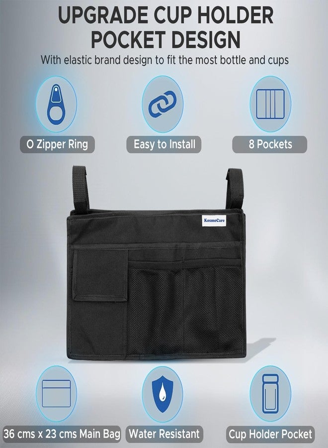 KosmoCare Wheelchair Utility Bag with Cup Holder | Multi-Pocket Armrest Organizer with Secure Straps | Heavy Duty Fabric | For Standard Wheelchairs Only | 36 x 23 cm | Black - Image 4