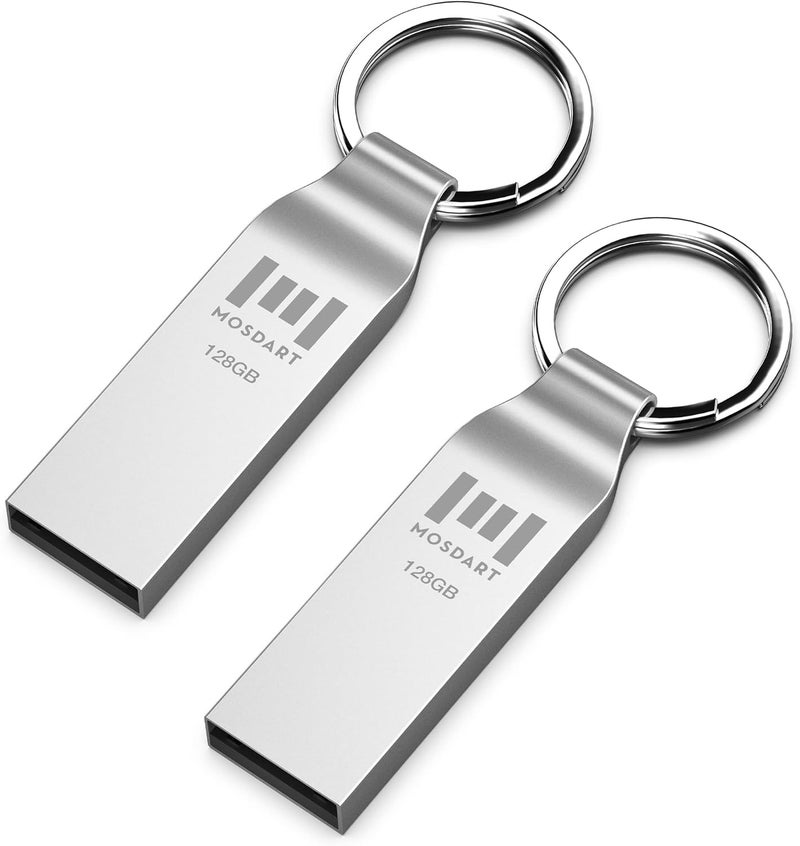 موس دارت حزمة 2 سعة 128 جيجابايت محرك أقراص فلاش USB 2.0 معدني exFAT محرك إبهام مع سلسلة مفاتيح 128 جيجابايت محرك قفز مقاوم للماء عصا ذاكرة 128 جيجا لتخزين البيانات والنسخ الاحتياطي، فضي - Image 1